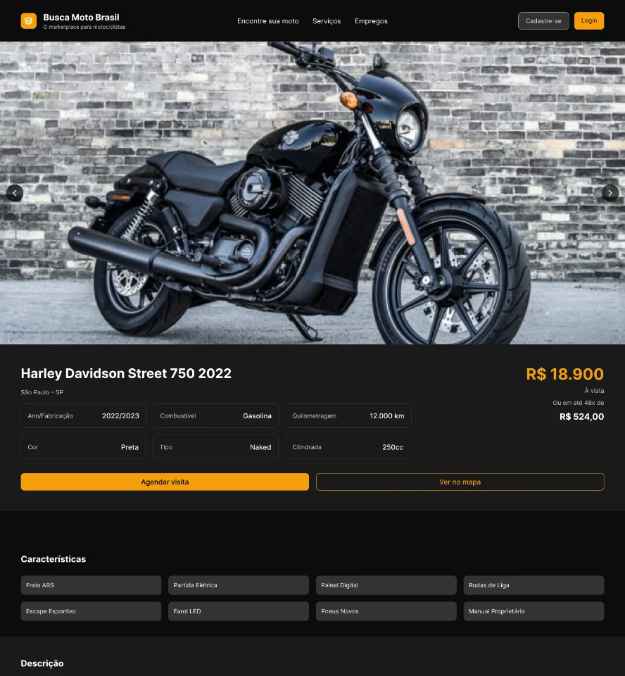 Moto — anúncio com galeria, ficha técnica e garantia
