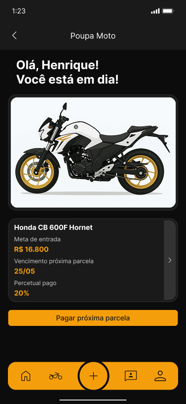 PoupaMoto — meta de entrada, próxima parcela e percentual pago