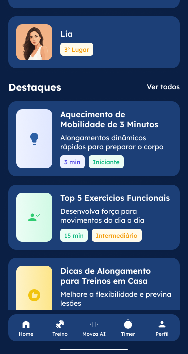 Home — comunidade em ranking e treinos em destaque