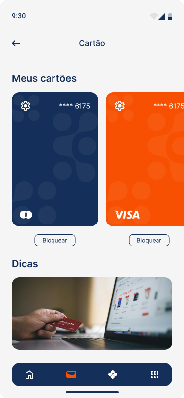 Cartões — cada cartão com o botão bloquear
