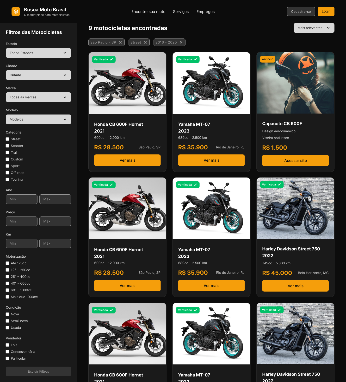 Motos — catálogo com filtros e comparativo de preço