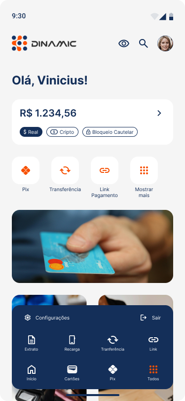 Início — saldo visível e menu expandido