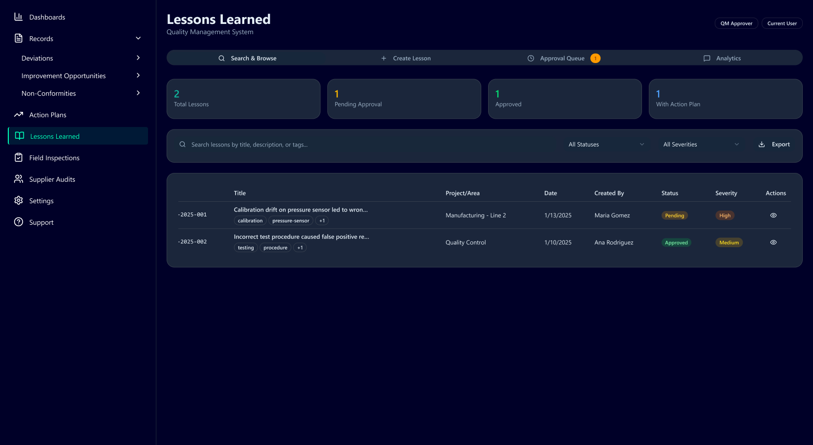 Lições aprendidas — busca, fila de aprovação e analytics