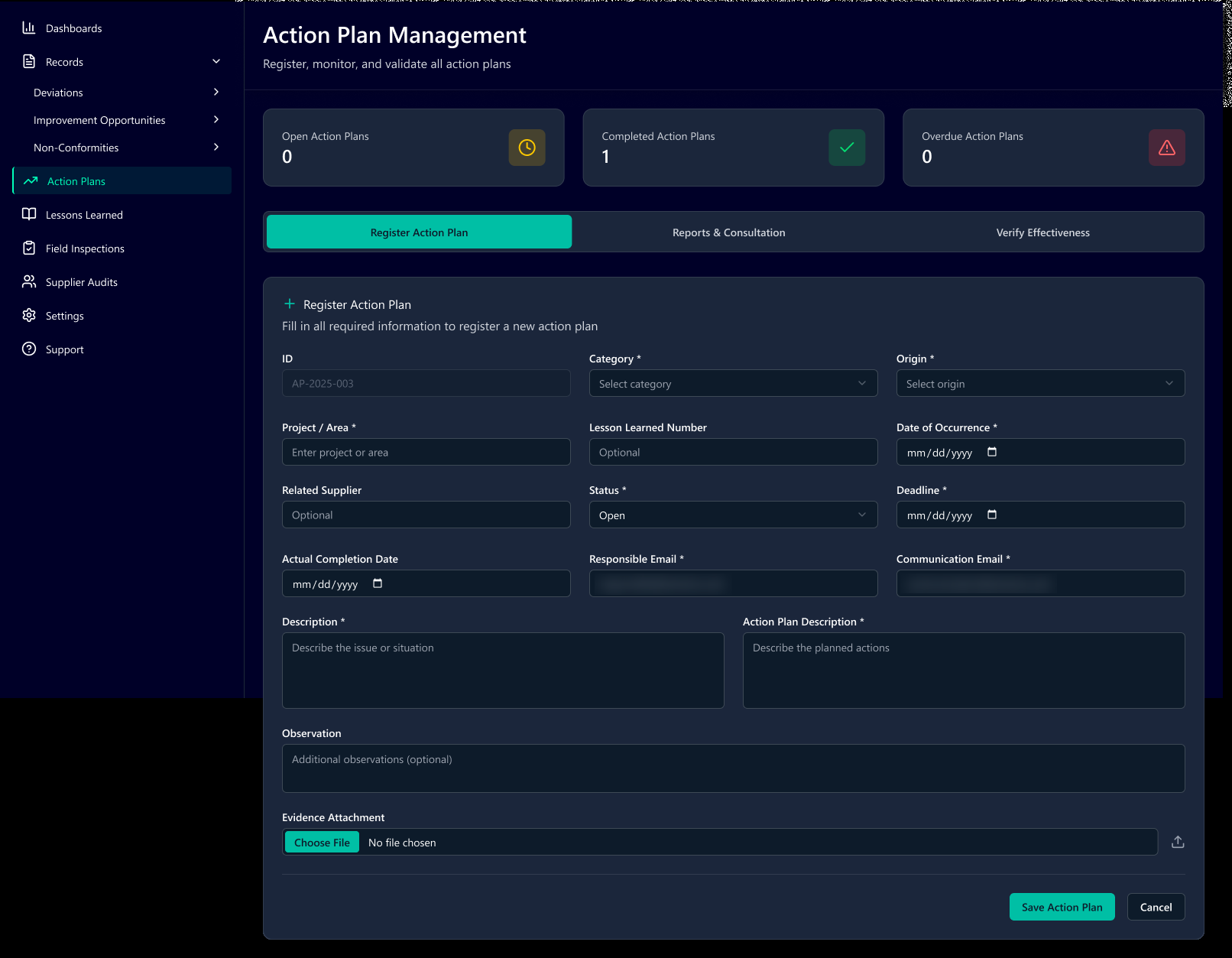 Planos de ação — registro, relatórios e verificação de eficácia